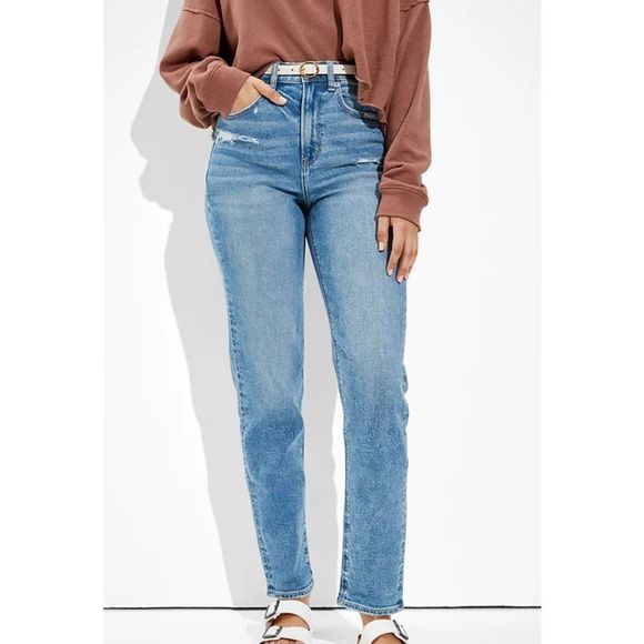 American Eagle Outfitters Denim - American Eagle AE Stretch  Mom Straight Jeans - Medium Wash Destructed - sz 4 Lo